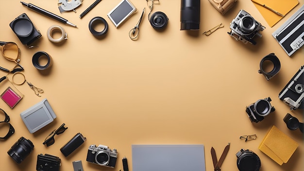 Photo top view of photographer equipment on yellow background with copy space flat lay
