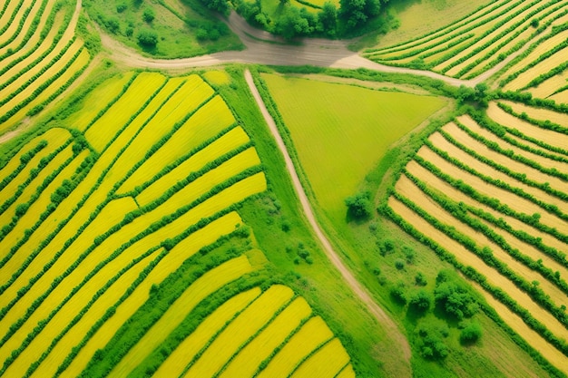 Top view photography of green fields with trees and a path generated by ai