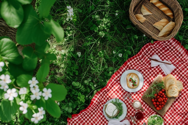 Top view of a picnic in nature