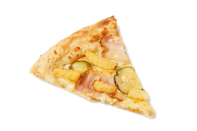Top view on piece of italian pizza with fries ham and pickled cucumbers isolated on white background