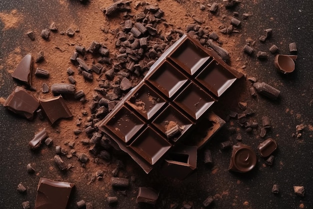 Top view of pieces of chocolate bar with chocolate chips on rust metal background