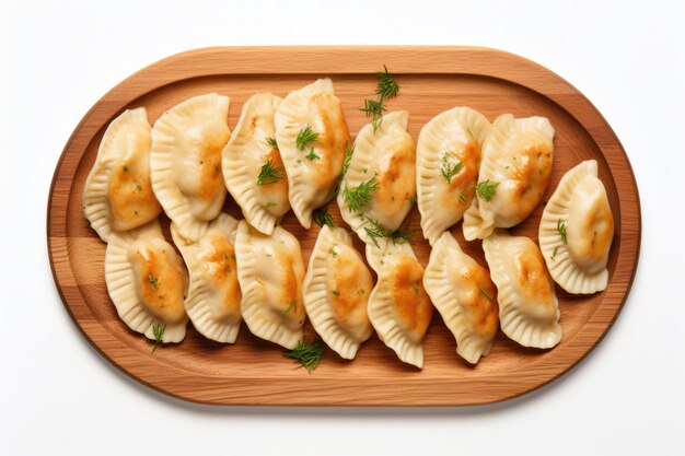 Top View Pierogi Ruskie On A Wooden Boardon White Background