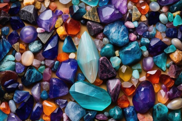 Top view of a pile of assorted gemstones and crystals created with generative ai