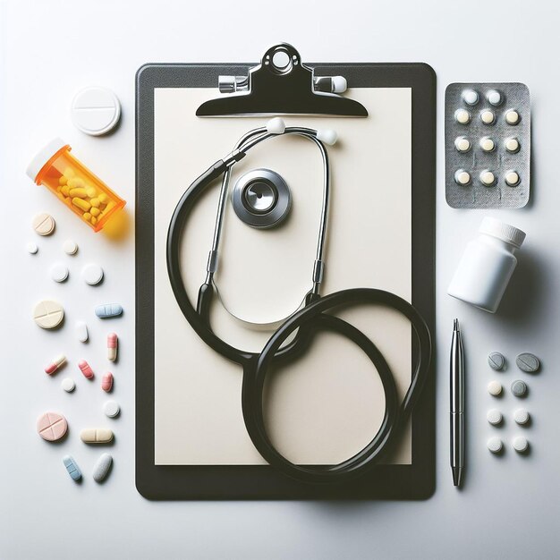 Top view pills and stethoscope arrangement