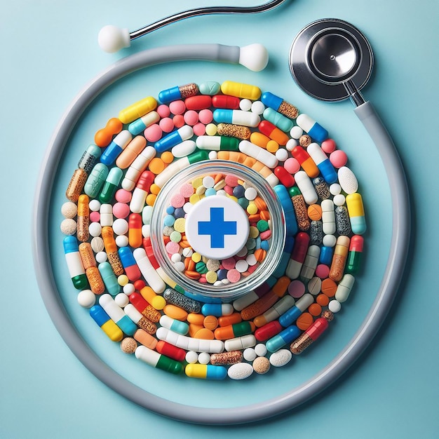 Top view pills and stethoscope arrangement