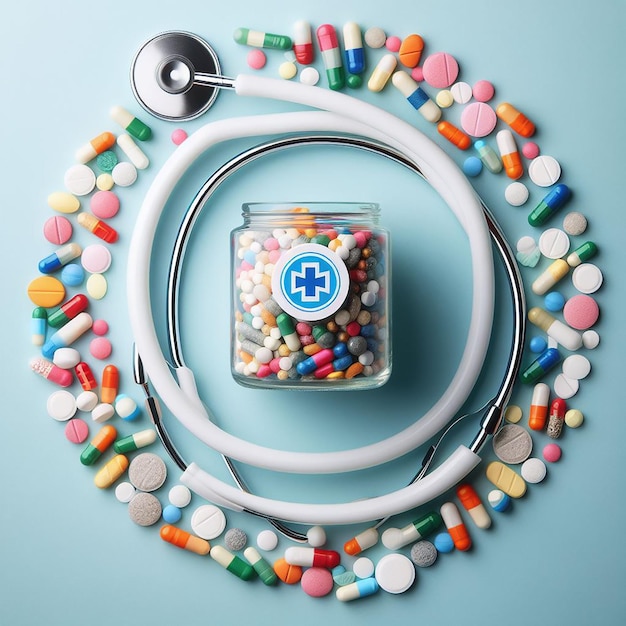 Top view pills and stethoscope arrangement