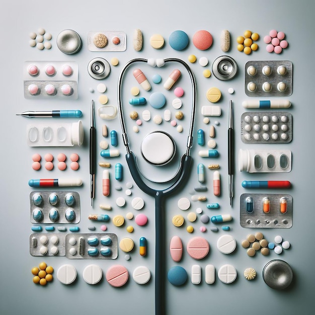 Top view pills and stethoscope arrangement