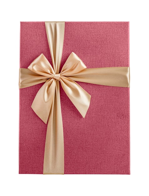Фото Вид сверху розовая подарочная коробка с золотой лентой на белом фоне, крупным планом, элемент дизайна