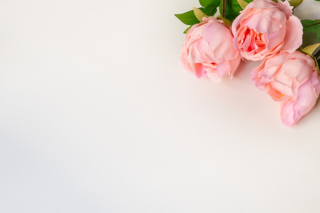 Photo top view of pink peonies artificial flowers on white blank background