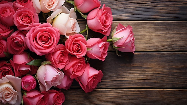 Foto vista dall'alto di rose rosa e rosse su una superficie rustica