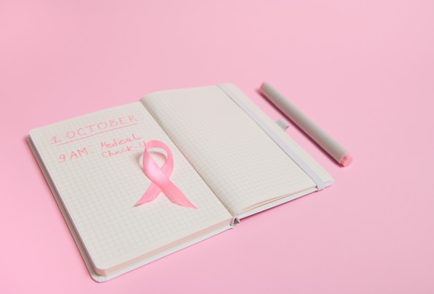 Top view of a pink ribbon, on opened diary with inscriptions reminding of a medical check-up. October 1st, World Breast Cancer Day, October Pink day, World Cancer Day, national Cancer Survivor Say.