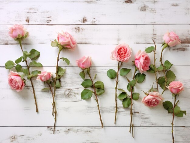 Top view of pink roses against a white wood table background in the style of vintage Generative AI