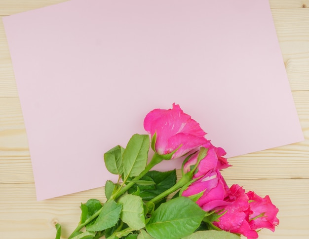 Top view pink roses on beige wooden background with copy space 