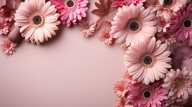 ベージュ色の背景にピンクと白の花のトップビュー