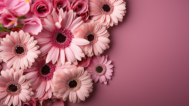 Верхний вид розовых и белых цветов на бежевом фоне