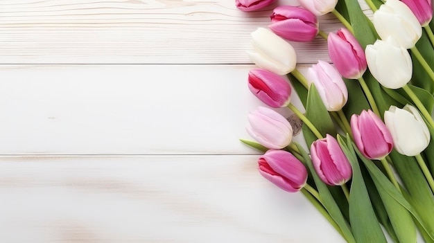 Top view of pink and white tulips on bright wood