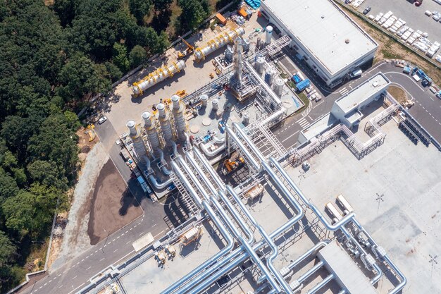 Top view of the pipeline system of a chemical plant air purification system on the roof of a building