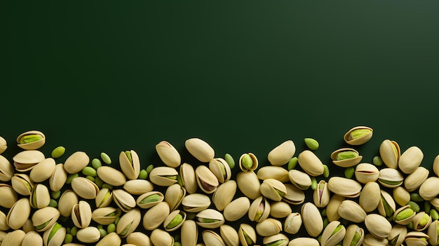 Photo top view of pistachios on a green background