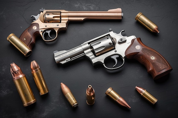 Top view of pistols and copper bullets on black concrete table