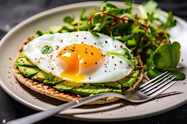 Top view of pita with avocado spread and fried egg on plate top view on white background