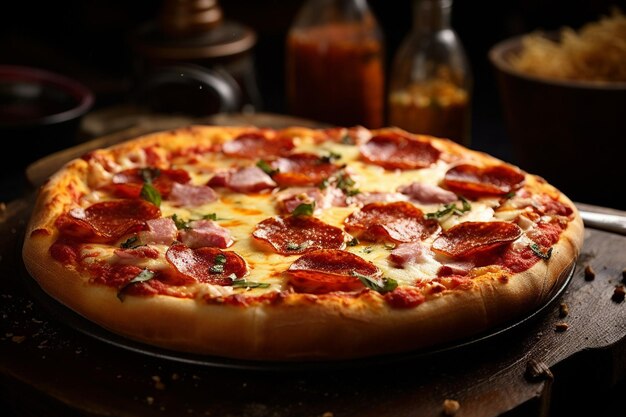 Верхний вид пиццы, наполненной помидорами, красочными перцами, салами и оливками на деревянной доске