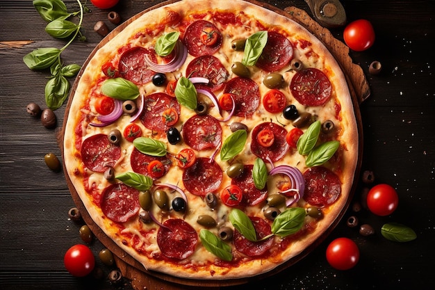 Верхний вид пиццы, наполненной помидорами, красочными перцами, салами и оливками на деревянной доске