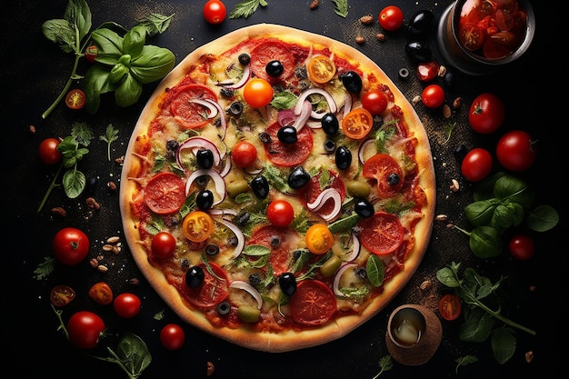 Top view of pizza filled with tomatoes colorful bell peppers salami and olives on a wooden board