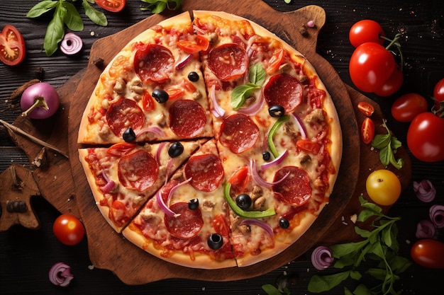 Top view of pizza filled with tomatoes colorful bell peppers salami and olives on a wooden board