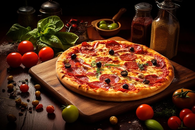 Top view of pizza filled with tomatoes colorful bell peppers salami and olives on a wooden board