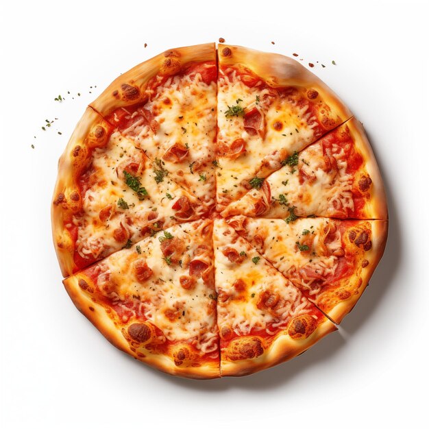 Верхний вид пиццы, изолированной на белом фоне Фото для рекламы меню ресторана