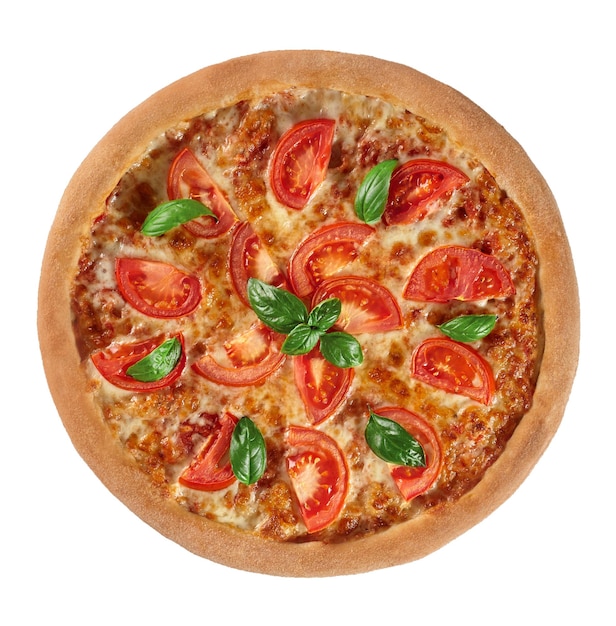 Top view of pizza margherita with tomatoes mozzarella cheese and fresh basil isolated on white