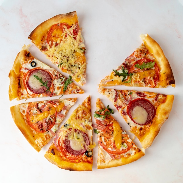 Top view pizza slices with white background