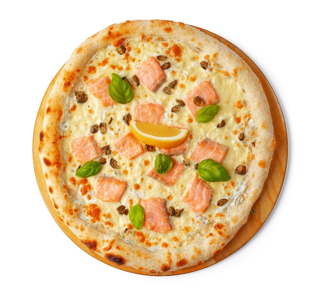 Top view of pizza with baked salmon isolated on white