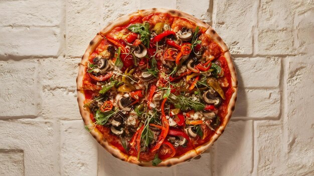 Photo top view pizza with peppers mushrooms tomatoes and grenery on light stucco background vertical