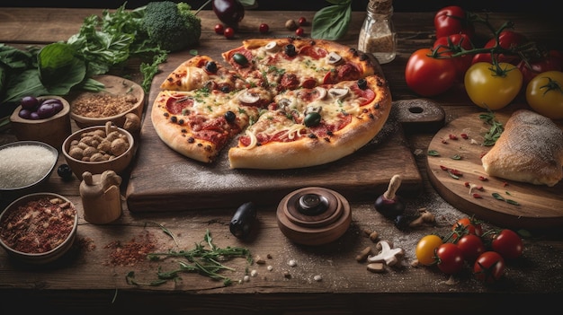 Top view of pizza on wood background