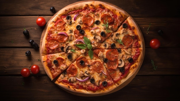 Top view of pizza on wood background