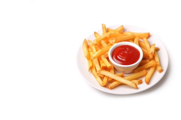 Top view a plate of crispy french fries with ketchup isolated on white background with copy space