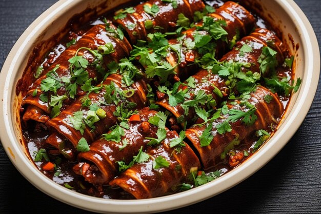 Foto vista dall'alto di un piatto di enchiladas de mole