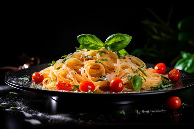 Photo top view of a plate of italian spaghetti with sausage and tomato sauce with leftover pasta and sauce