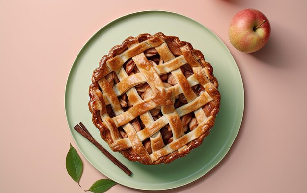 파스텔색 배경에 맛있는 사과 파이의 상단 뷰 플레이트 전문 음식 사진 ai 생성