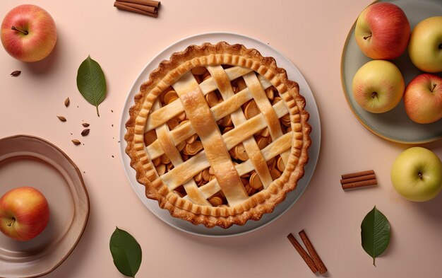 Высокий вид тарелки с вкусным яблочным пирогом на пастельном фоне