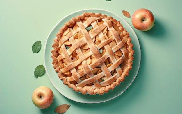 Photo a top view plate of tasty apple pie on a pastel background professional food photo ai generated