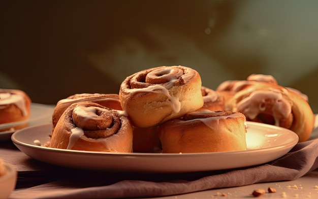 A top view plate of tasty cinnamon rolls on a pastel background professional food photo ai generated