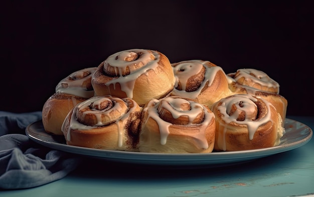 A top view plate of tasty cinnamon rolls on a pastel background professional food photo ai generated