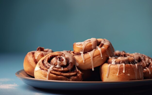 A top view plate of tasty cinnamon rolls on a pastel background professional food photo ai generated