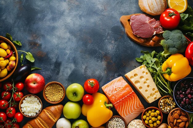 Photo top view of plate with assortment of healthy food