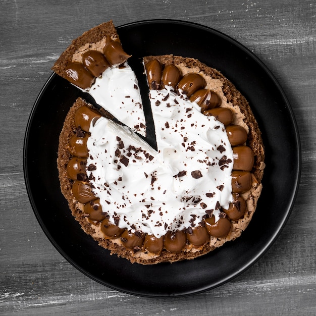 Top view of plate with cake and slice