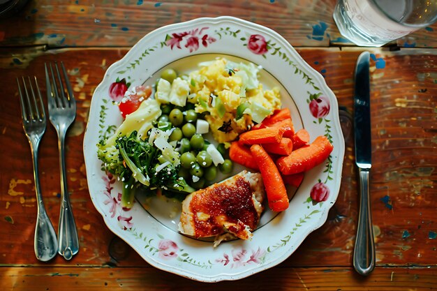 Photo top view of plate with carrots and other healthy food