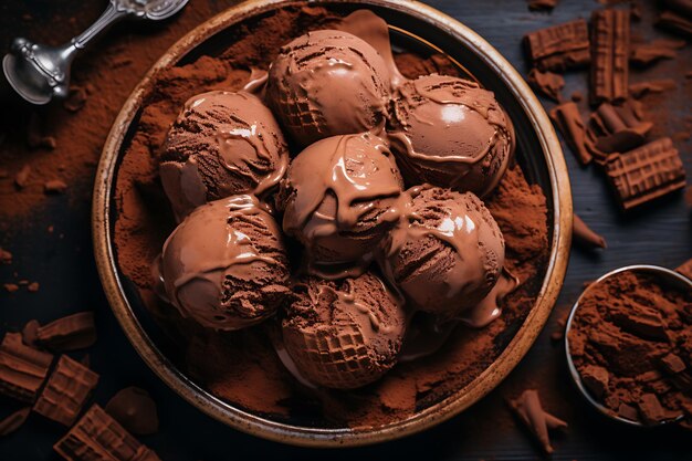 Верхняя тарелка с шоколадным мороженым и конусами рядом