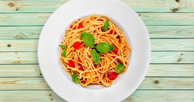 Top view of plate with delicious pasta